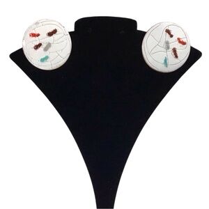 Vtg Screw Back Earrings Round Crackle Enamel White Multicolor Vacation Cruise